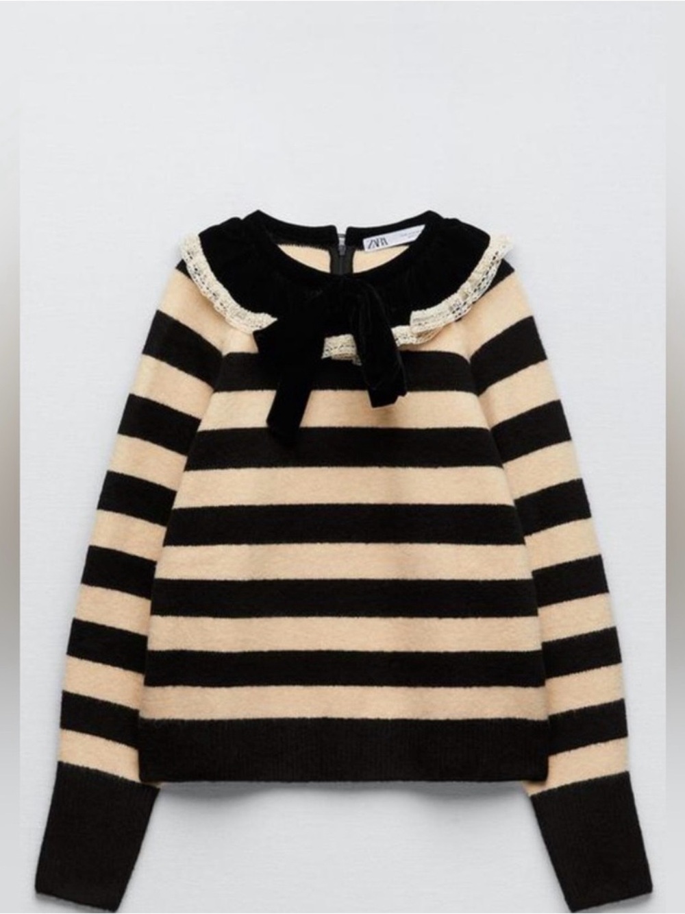 Zara Striped Bow Collar Sweater in Black and Cream